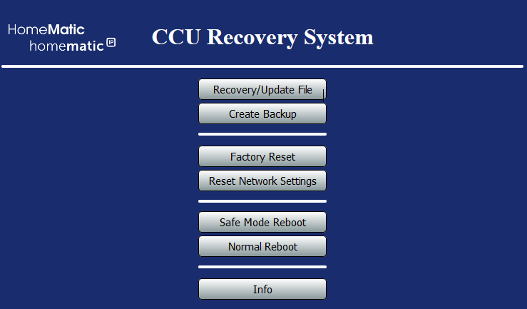 Menü - CCU Recoverymodus